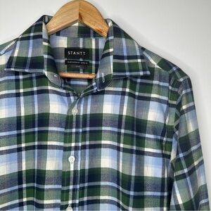 STANTT Men’s Brushed Twill Button Down Shirt Blue/Green Plaid Neck 16